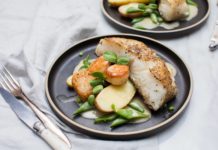 Chilean Sea Bass with Scallops, Fingerling Potatoes, Sugar Snap Peas, and Beurre Blanc