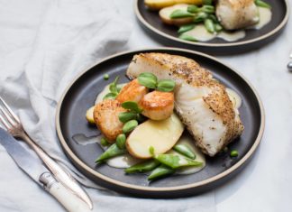 Chilean Sea Bass with Scallops, Fingerling Potatoes, Sugar Snap Peas, and Beurre Blanc